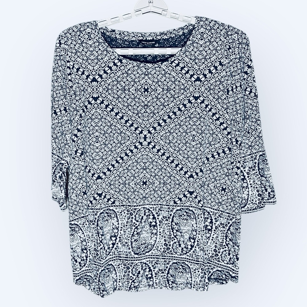 Women's Blue White Boho Floral Coastal  3/4 Sleeve Tunic Top Size 1X Lucky Brand